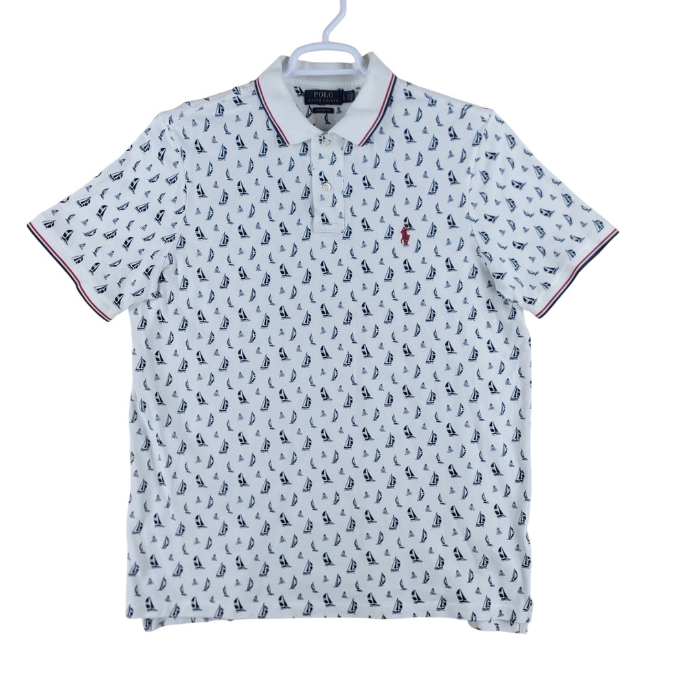Polo Ralph Lauren Polo Shirt Mens Large White Sailboat Print Classic Fit Preppy